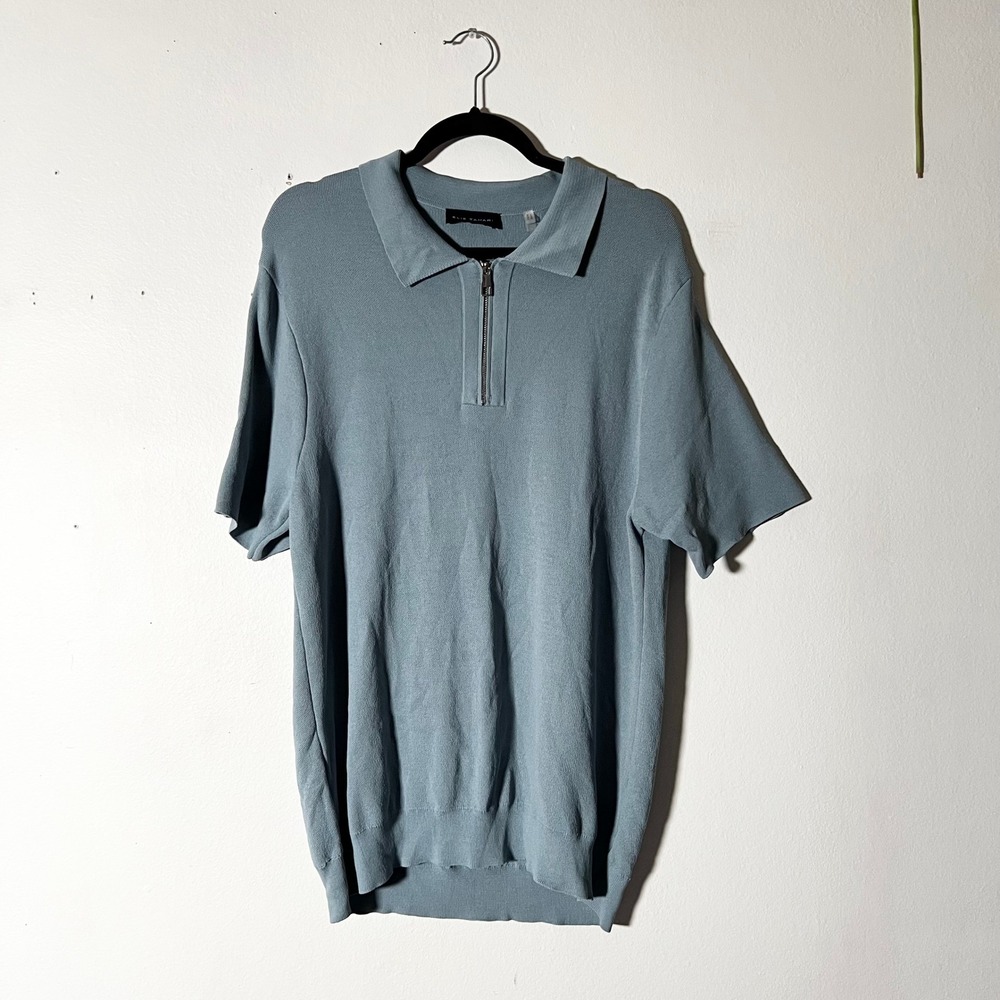 Elie Tahari Polo Shirt Mens Large Blue Quarter Zip Knit Sweater Luxury